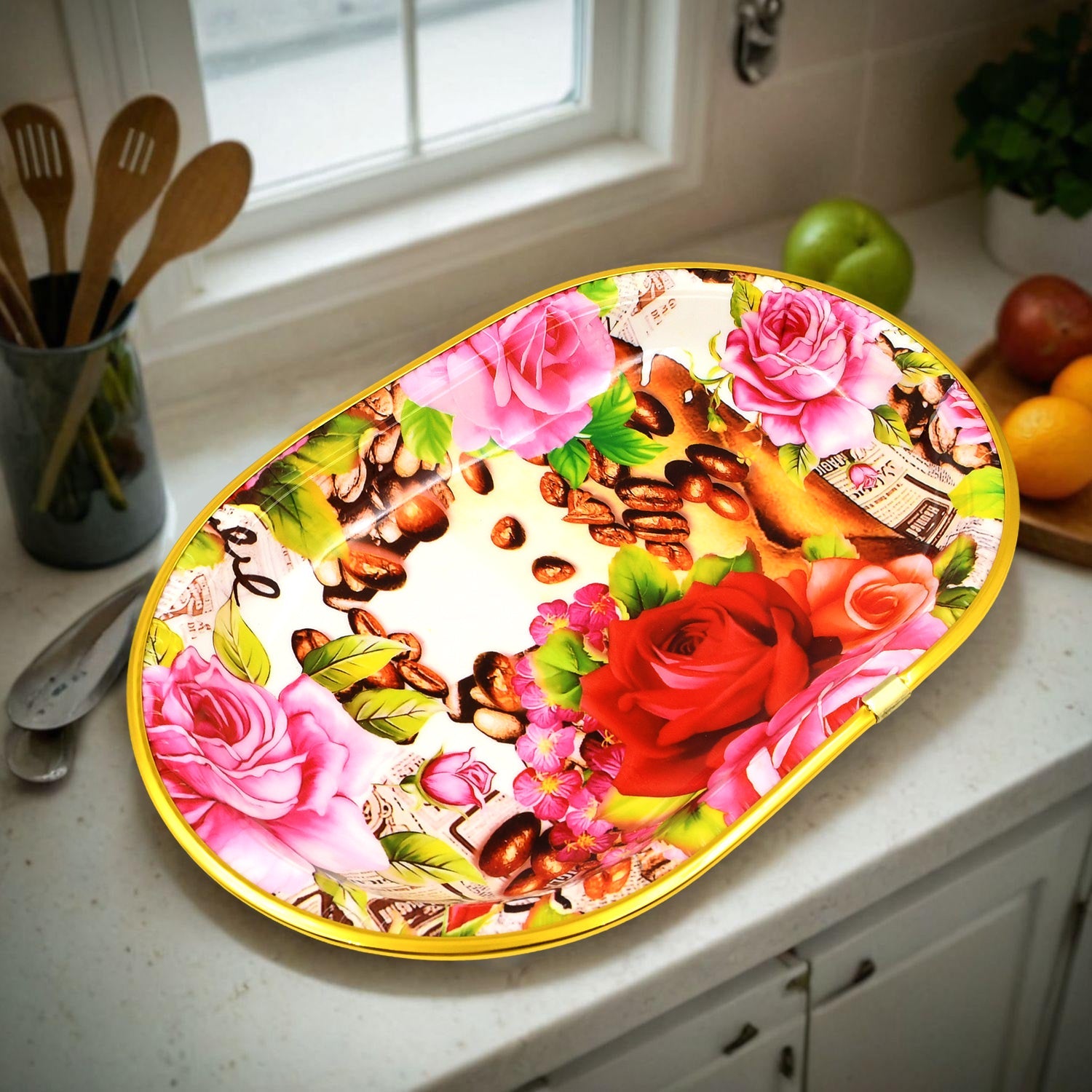 Plastic Flower Printed Design Serving Tray (3 Pcs Set  Mix Color) Plastic Flower Printed Design Serving Tray (3 Pcs Set  Mix Color)